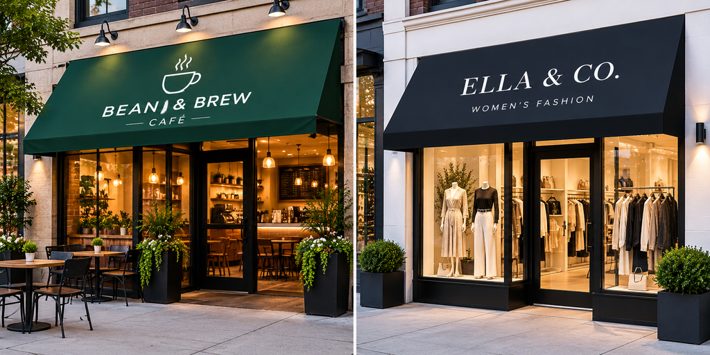 Custom storefront awning signs for cafés and retail businesses.