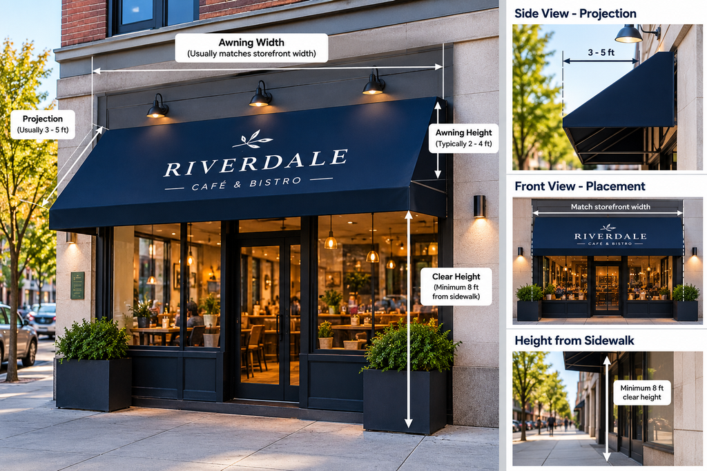 Custom storefront awning signs for cafés and retail businesses.